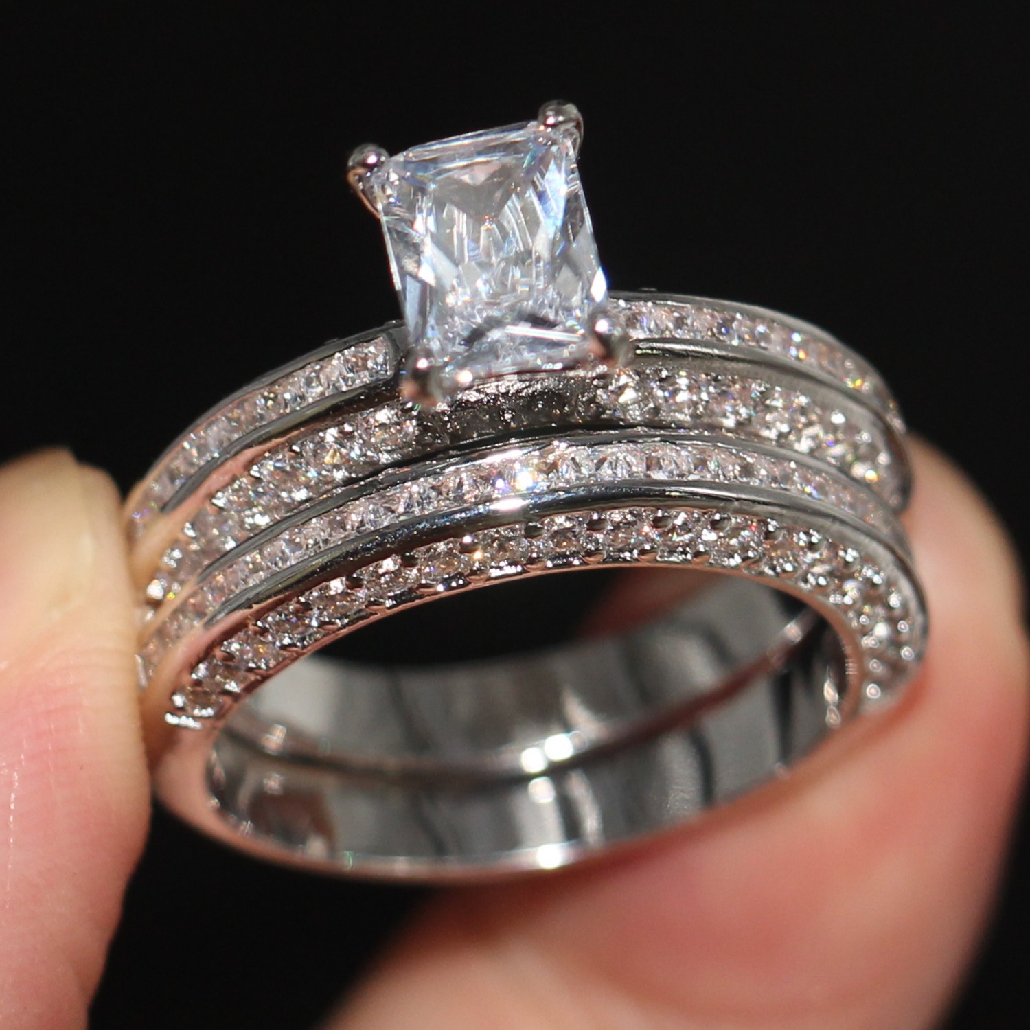 Victoria Wieck Sparkling Handmade Jewelry Couple Rings 925 Sterling Silver Eternity Princess Cut White Topaz CZ Diamond Bridal Ring Set Gift