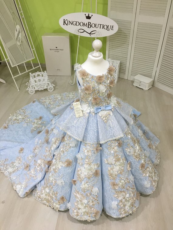 Sweet Sky Blue Flower Girl Dresses Princess Jewel neck Lace Girls Formal Party Gowns A Line 3D Appliqued Birthday Dress Pageant Gowns