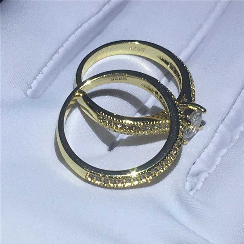 Classic Lady Genuine 925 Sterling silver ring Gold color 5A Cz Stone Engagement wedding band ring for women Bridal sets