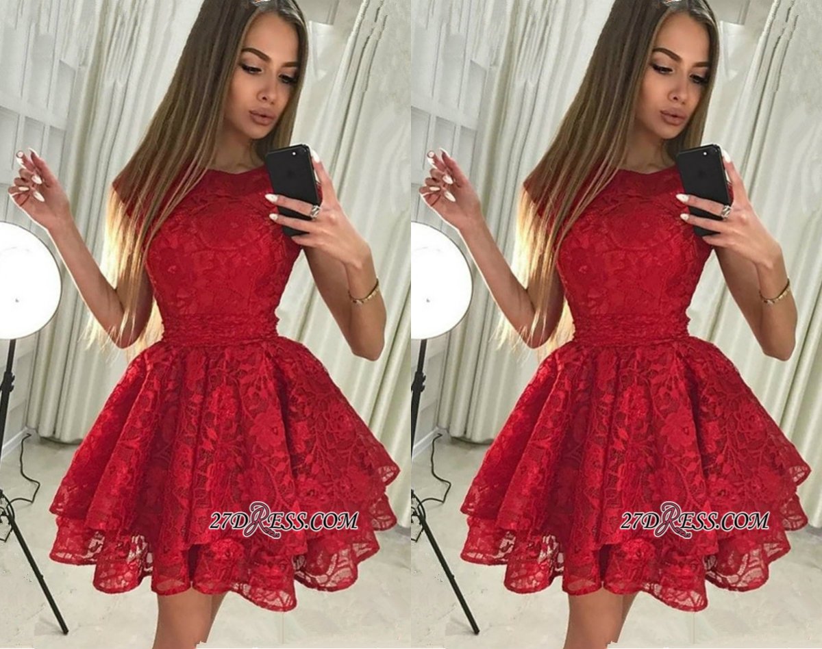 Gorgeous Red Lace Homecoming Dress Jewel Neck Tiered Tulle Cap Sleeve Short Mini Prom Dress Party Wear Cheap Cocktail Gowns Plus Size