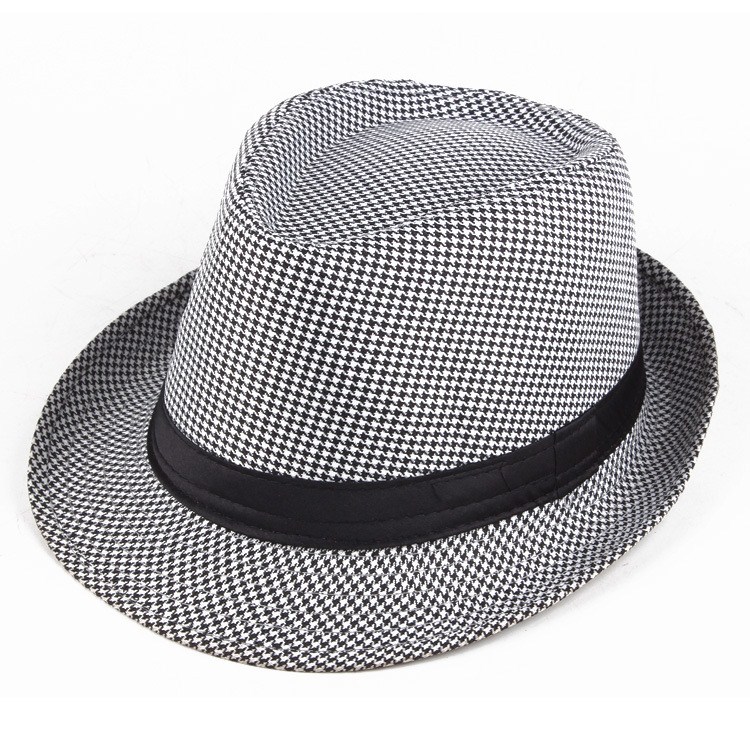 Unisex Wool Houndstooth Felt Fedora Hat With Bands Classic Plaid Jazz Top Caps Panama Bowler Brim Caps For Gentleman