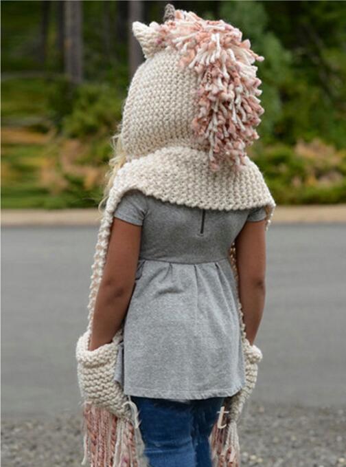 kids Unicorn scarf cap 2 in 1 Kids Infant Warm Knitted Hats warmer Winter Beanie Hat Tassels cap