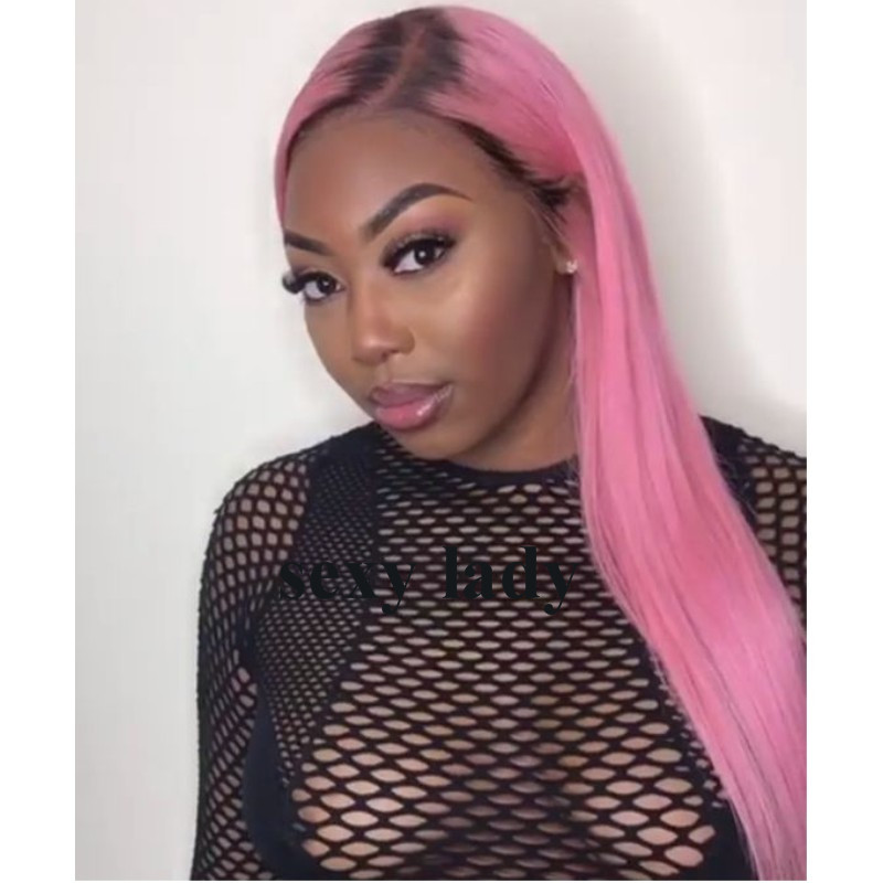 Long straight Wig Ombre pink synthetic lace wig Hair for Woman Dark Roots Natural simulation human hair lace front wig natural hairline