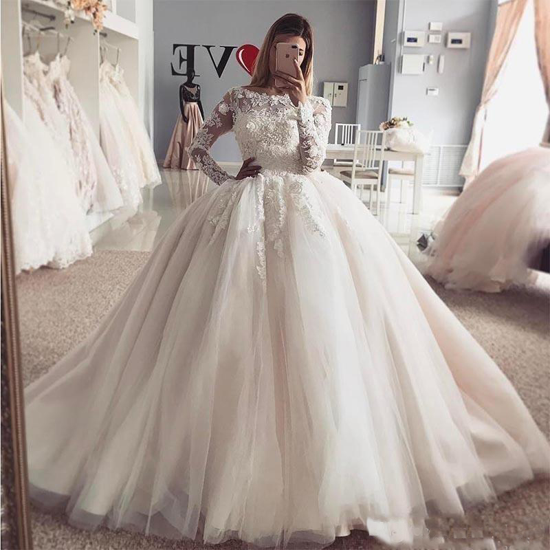 New Design Princess Ball Gown Wedding Dresses Vintage Sheer Long Sleeves Appliqued Puffy Tulle Arabic Bridal Wedding Gowns