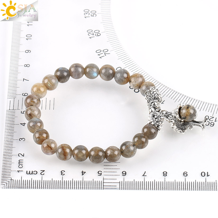 CSJA Natural Labradorite Spectrolite Women Bracelets Bangles Gemstone Mala Beads Tree of Life Charm Reiki Healing Meditation Jewel