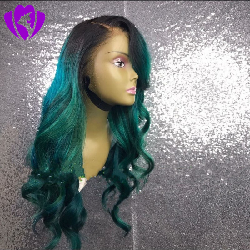 Hotsellling ombre black root green Lace Front Wigs body wave Synthetic lace wig Heat Resistant Fiber africa american women wigs