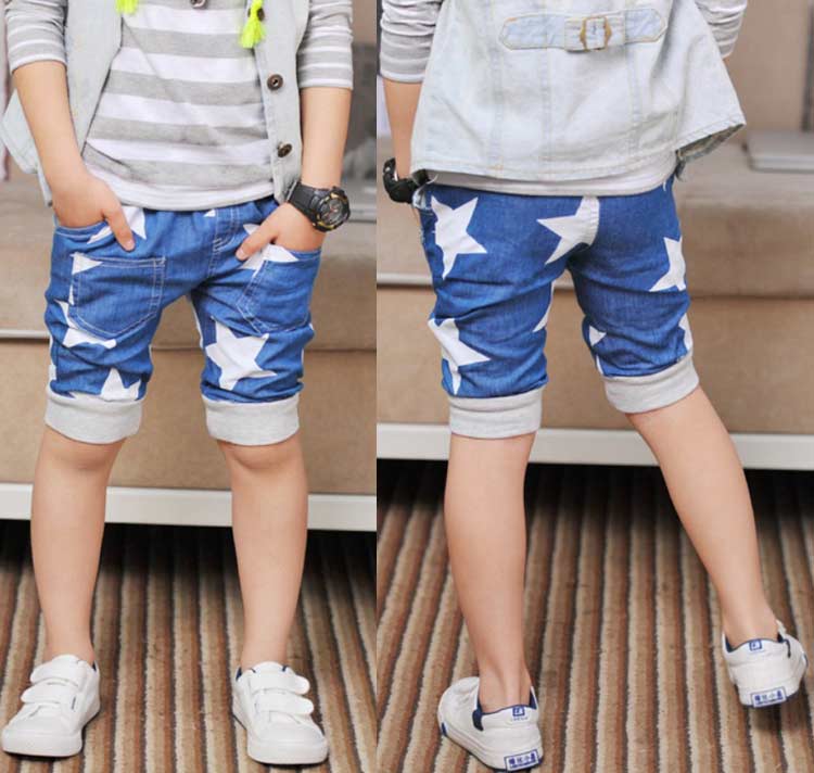 Children Elastic Waist Harem Pants Knee Length Cotton Star Print Denim Pant Blue Boys Clothing Kids Pants Summer Boys 2018