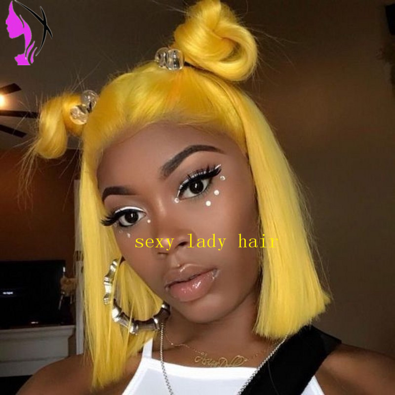 Full density Yellow Color short wig cosplay Heat Resistant Hair handmade party Synthetic Lace front bob wig for Women present