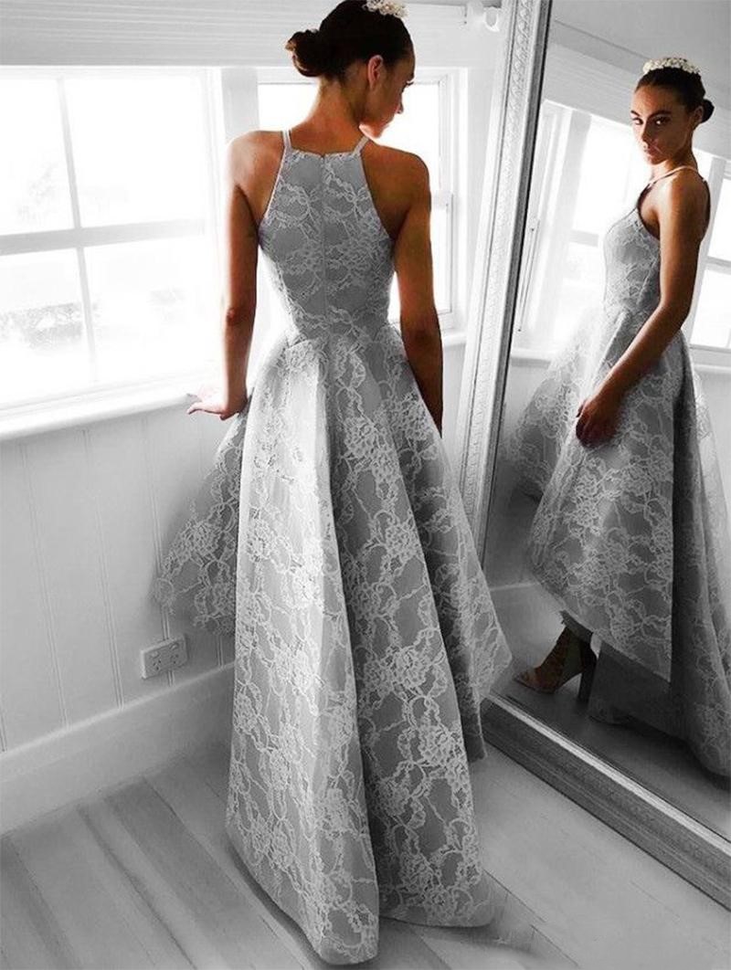 Stylish Grey High Low Prom Gray Lace Pageant Vestidos De Fiesta Hi-Lo Party Gowns Tail Evening Dresses 0510