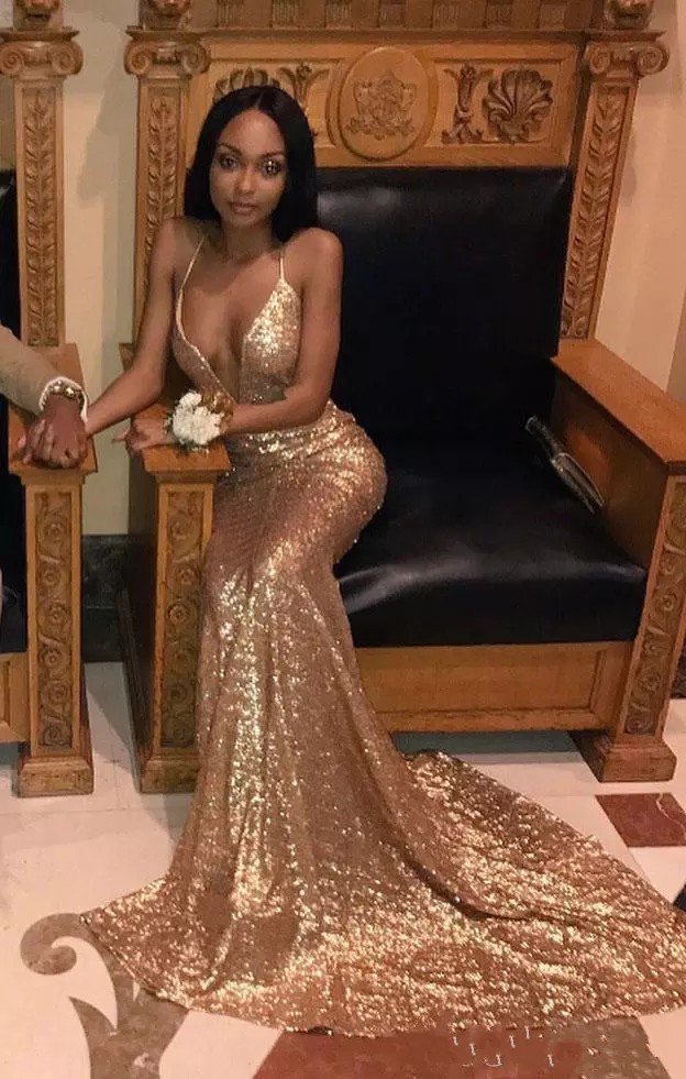 2018 Arabic Gold Sequins Sexy Spaghetti Straps Mermaid Prom Dresses Deep V Neck Sleeveless Backless Party Evening Gowns Vestidos De Novia