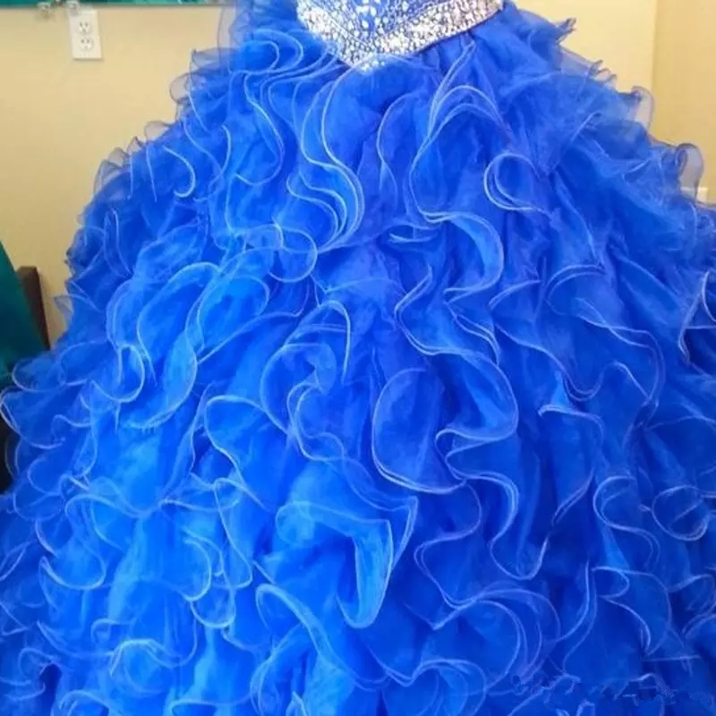 2018 Sexy Ball Gown Royal Blue Quinceanera Dresses Two Pieces Crystals Beading Ruffles Organza Puffy Sexy 16 Prom Party Gown