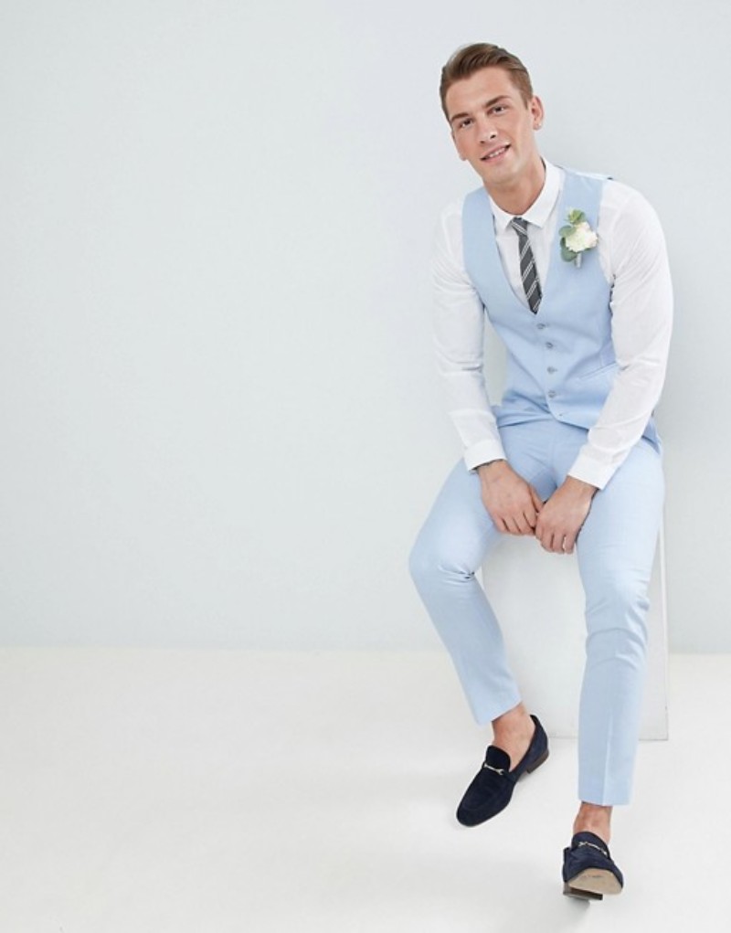 2019 Customize Slim Fit Light Blue Men Suit Best Man Groomsmen Men Wedding Suits Bridegroom (Pants+Vest)