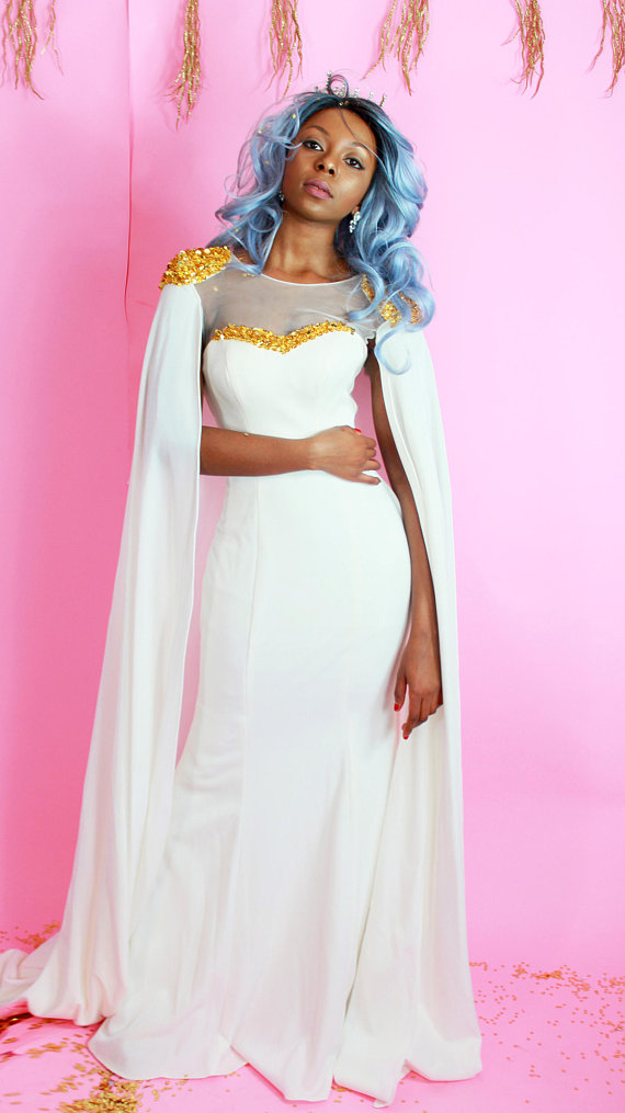 White Mermaid Prom Dresses With Gold Beaded Sequined Sweep Train Jewel Neck African Evening Gowns With Cape Plus Size Formal Dress Party