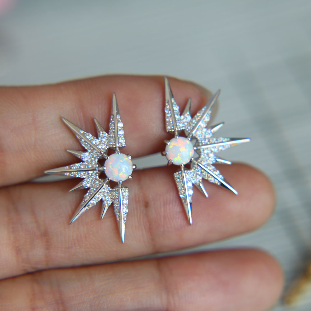 Sterg Sier North Star Big Hoop Earrings with Opal CZ Pave Tassel Design for Women - Wedding Jewelry