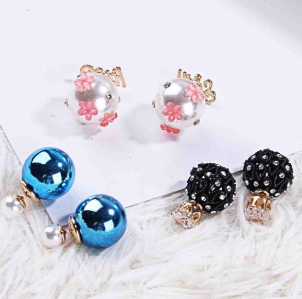 Fashion jewelry mix 20 style 20Pairs/lot delicate Crystal Pearl Double sided Earrings Opal gemstone screw Earrings Fit girl Madam
