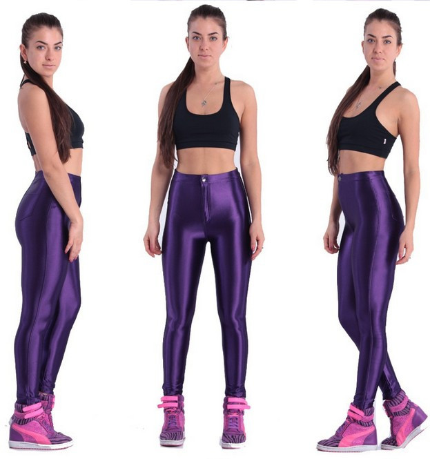 Women Fashion Brand New High Waist Candy Color Shiny Dance Disco Pants American A Pencil Workout Pants Hot Plus Size XL