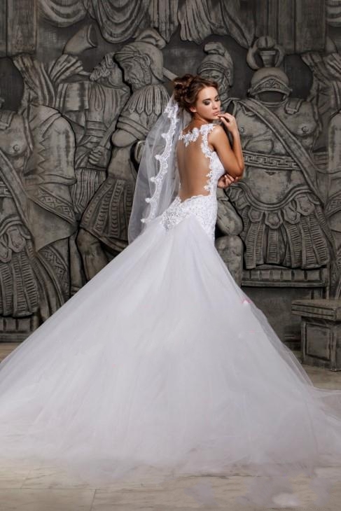 Elegant Sexy White Lace Mermaid Wedding Dresses Sheer Back Detachable Train Bridal Gowns Plus Size Vestidos De Noiva 0510