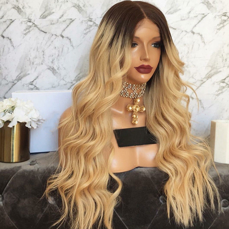 Free shipping Stock long Dark Roots Ombre Blonde Lace Front Wig With Baby Hair Heat Resistant Synthetic Wigs For Women