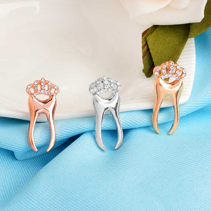 Gold Silver Rose Tooth Brooch Pin With Crystal Crown Dentist Doctor Nurse Graduation Gift Student Badage Lapel Pin Fashion Breastpin