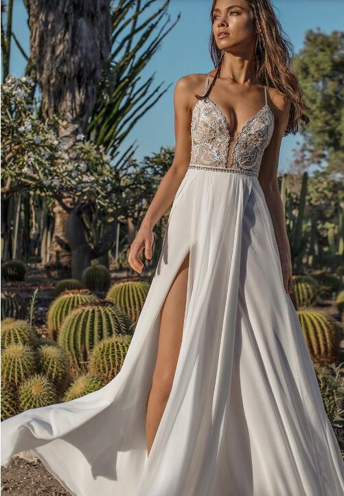 2021 Simple Wedding Dress Sexy Spaghetti Lace Appliques Beaded Bridal Gowns Side Split Chiffon Beach Wedding Dresses Criss Cross Back