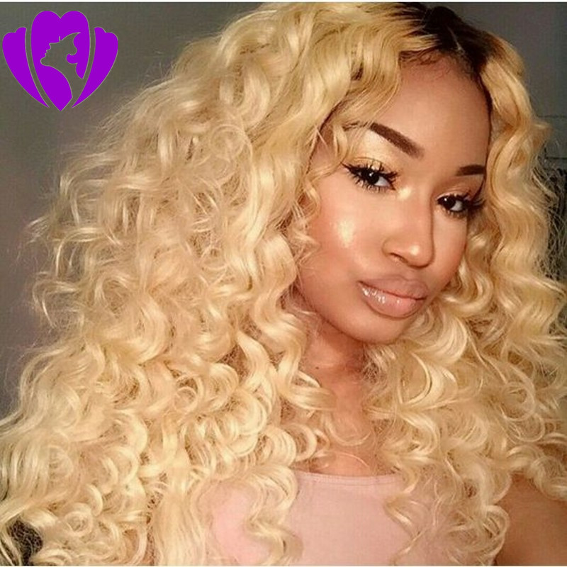 Long 180density full kinky Curly lace front wig Black Root Ombre Blonde full lace front Wig synthetic Heat Resistant for black Women
