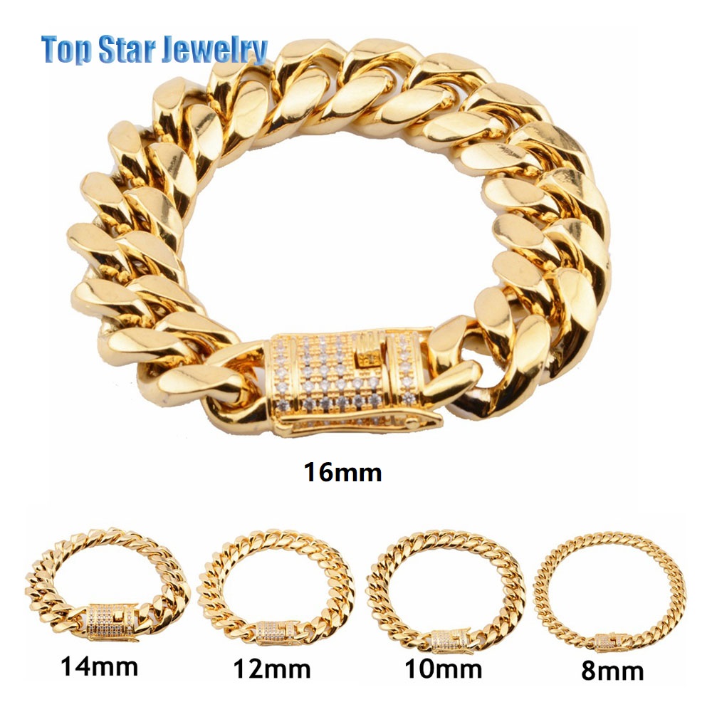 8mm/10mm/12mm/14mm/16mm/18mm Stainless Steel Bracelets 18K Gold Plated High Polished Miami Cuban Link Men Punk Chain Cubic Zirconia Clasp 
8mm/10mm/12mm/14mm/16mm/18mm Stainless Steel Bracelets 18K Gold Plated High Polished Miami Cuban Link Men Punk Chain Cubic Zirconia Clasp