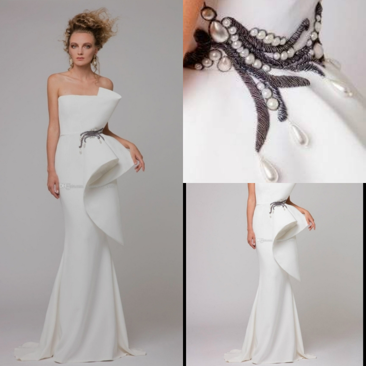 Unique White Mermaid Evening Dresses Strapless Pearls Cheap South African Satin Plus Size Prom Gowns Formal Party Dress