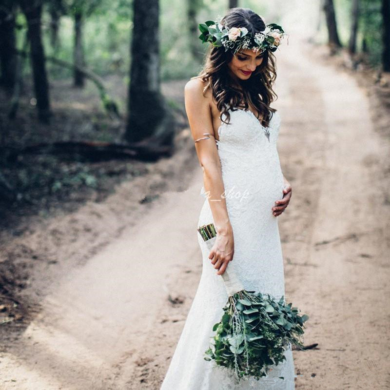 Charming Full Lace Pregnant Wedding Dresses Spaghetti Backless Mermaid Sweep Train Garden Country Bridal Gowns Plus Size Customized