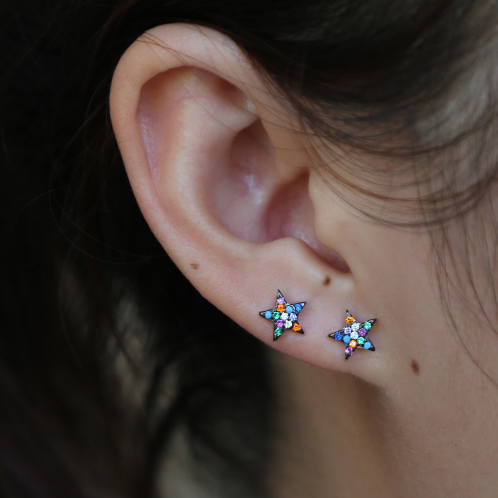 rainbow mix color cubic zirconia small star earring 925 sterling silver dainty delicate colorful star earrings