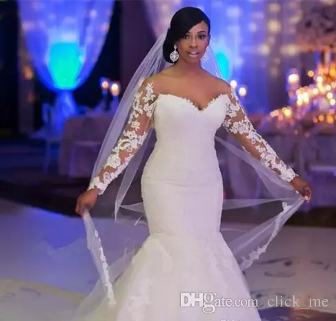 African Plus Size Off The Shoulder Long Sleeves Appliques Lace Custom Made Mermaid Bridal Gowns Cheap Wedding Dresses