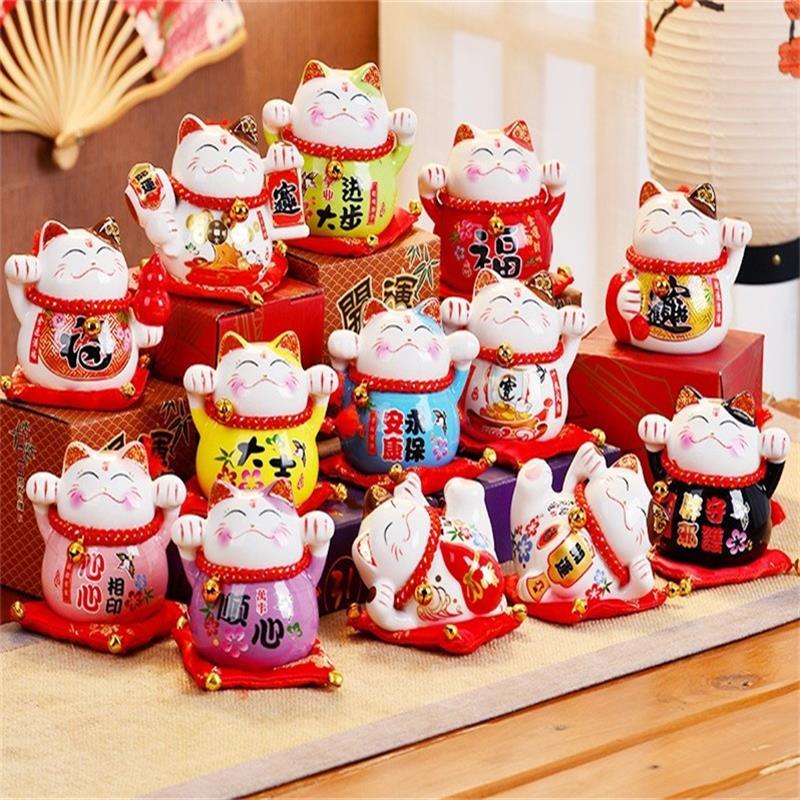 

Cartoon Mini Ceramic Ornament Cute Fat Happy Lucky Cat Waving Hand Maneki Neko Piggy Bank For Home Decor Toy Gift 11yl BB
