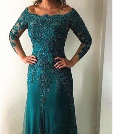Turquoise Mother of the Bride Dress Long Sleeve Off Shoulder Beadings Lace Mermaid Wedding Guest Dress Party Gowns Special Occasion