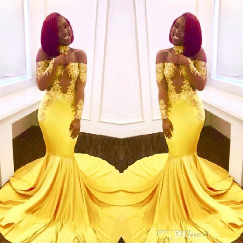 New Elegant Yellow Off the Shoulder Lace Prom Dresses 2020 Formal Long Sleeves Mermaid Appliques Satin Arabic Evening Gowns