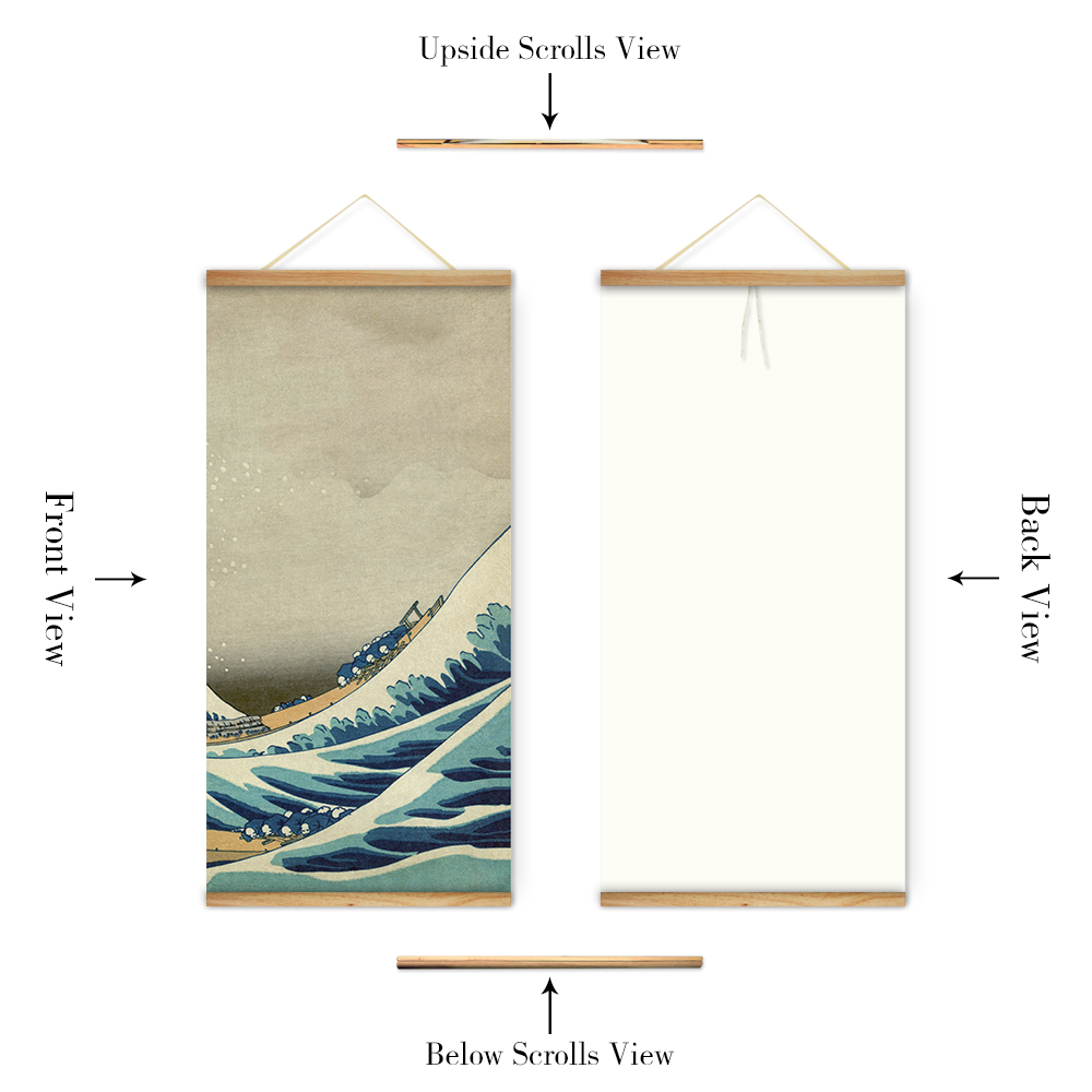 3Pcs Japan Style The great wave off Kanagawa Decoration Wall Art Pictures Hanging Canvas Wooden Scroll Paintings For Living Room