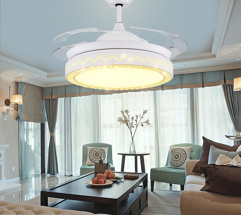 LED Ceiling Invisible Fan Lights Timing Remote Control Frequency Conversion Motor Warm White Light Pendant Lamp Remote Control Crystal