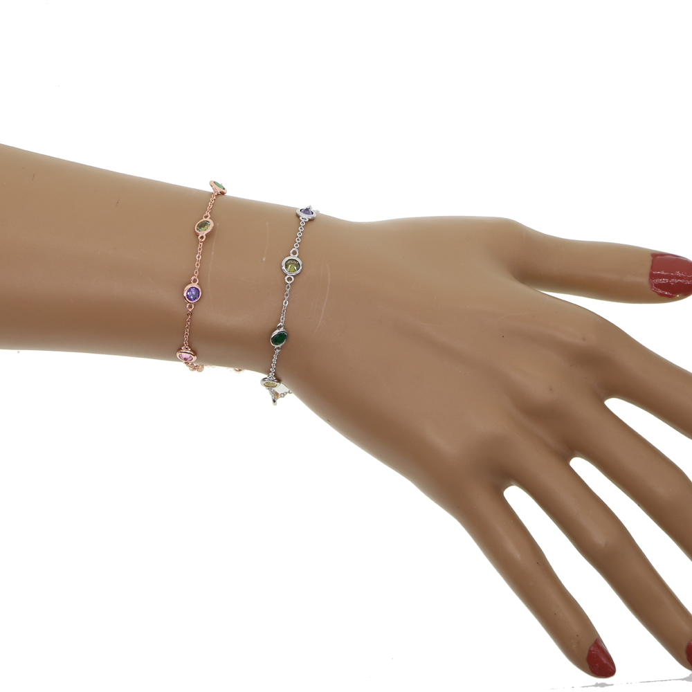 rainbow color cz station bracelet bezel round disk charm colorful summer gift 925 sterling silvelr mimniam chains for girl
