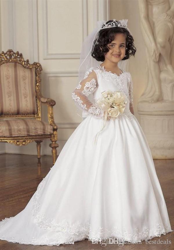 Flower Vintage White Girls For Weddings A Line Satin Long Sleeves Lace Pageant Princess Dresses Girl First Communion Dress