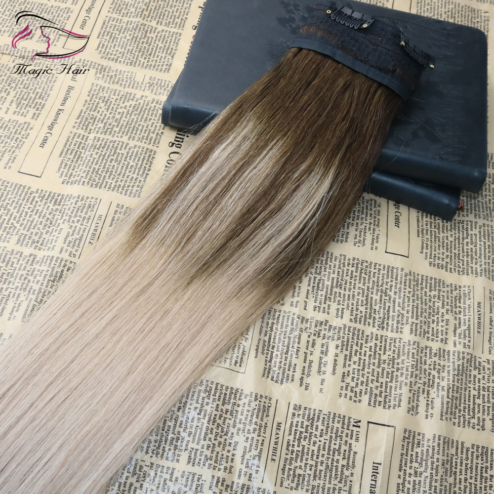 5 Clips One Piece Clip In Human Hair Extensions With Lace Straight Brazilian Virgin Hair Ombre Balayage Color #4 Fading To #18 70grams