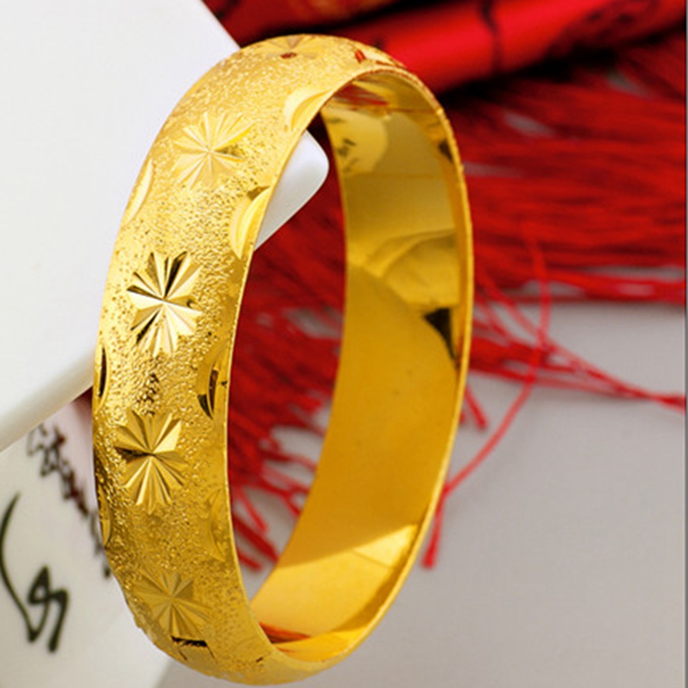 Thick Bangle 15mm Wide 18k Yellow Gold Filled Star Carved Womens Bangle Wedding Jewelry Gift Dia 60mm