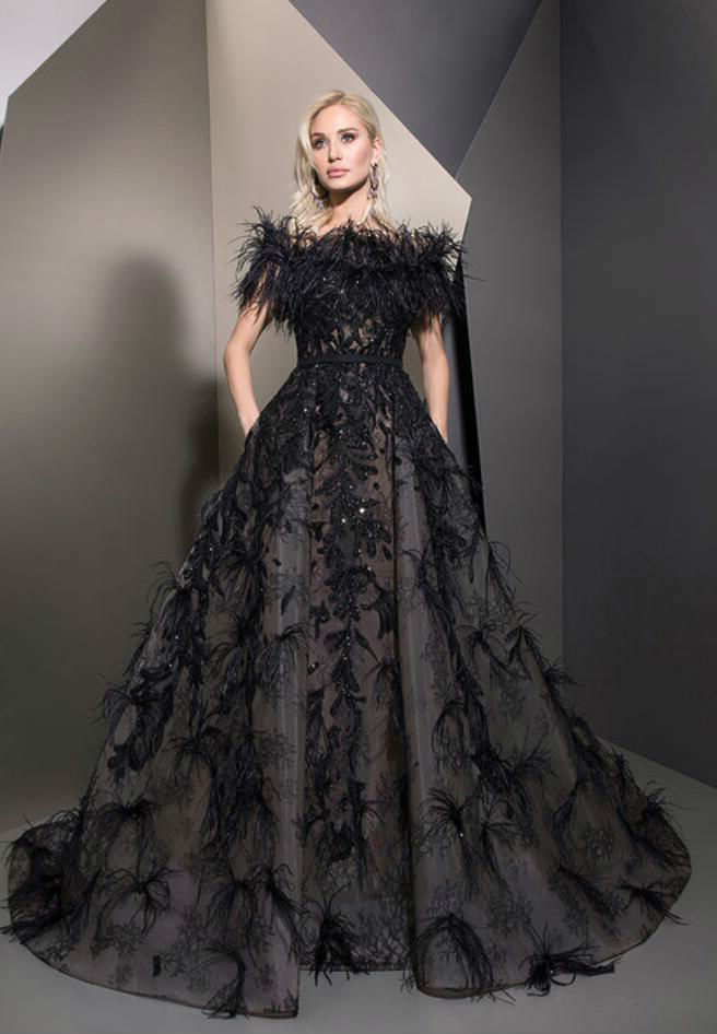 Ziad Nakad 2018 Luxury Black Prom Dress Feathers Off Shoulder Lace Applique Beads Custom Made Evening Dresses