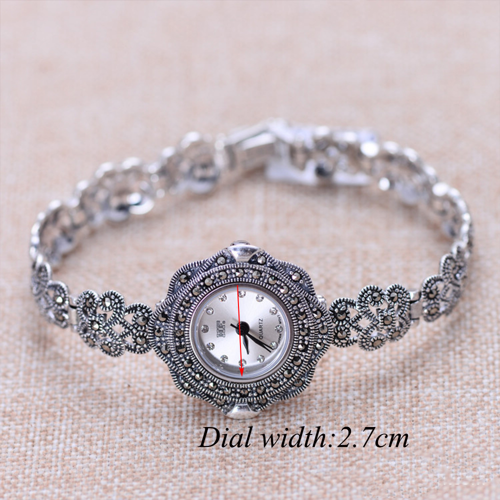 MetJakt Vintage Quartz Bracelet Watch with Zircon Solid 925 Sterling Silver Bracelet for Women's Thai Silver Jewelry