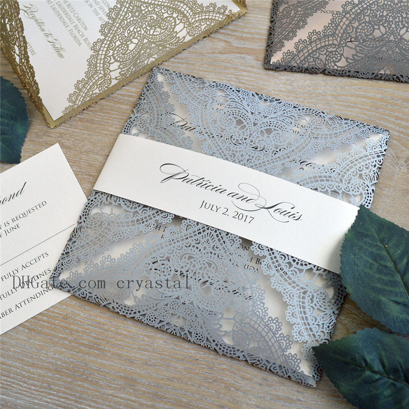 SILVER CHANTILLY LACE Laser Cut Wrap Invitation - Silver Square Laser Cut Wedding Invitation with Ivory Insert and Belly Band от DHgate WW