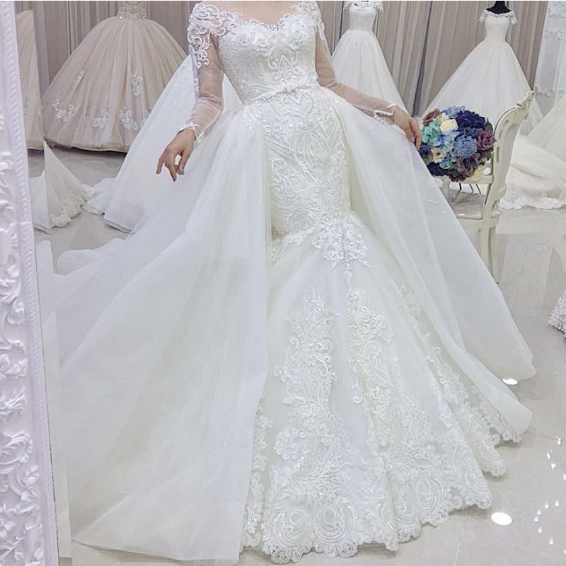 Dubai Long Sleeve Mermaid Wedding Dress Sheer Neck Beads Lace Applique Bridal Dress Fashion Detachable Overskirt Saudi Arabia Wedding Dress, Gold
Dubai Long Sleeve Mermaid Wedding Dress Sheer Neck Beads Lace Applique Bridal Dress Fashion Detachable Overskirt Saudi Arabia Wedding Dress, Gold