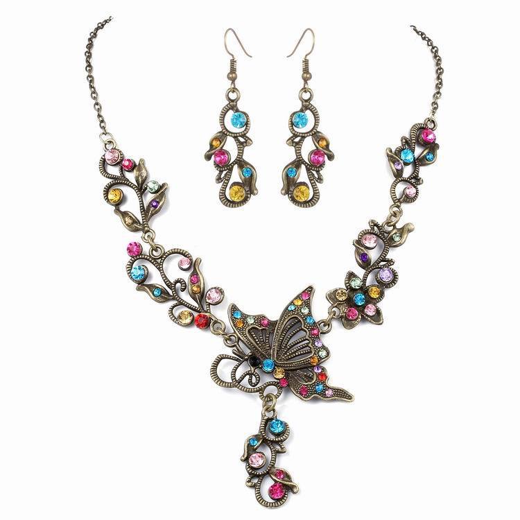 Low-cost wholesale bridal jewelry Rhinestone butterfly love flower earrings necklace Wild jewelry set