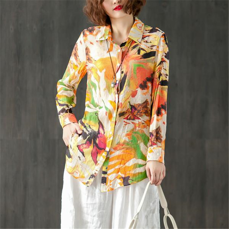 BUYKUD 2018 Summer Printed Collar Single Breasted Blouse Women Long Sleeve Casual Loose Zipper Female Irregular Shirt&Tops