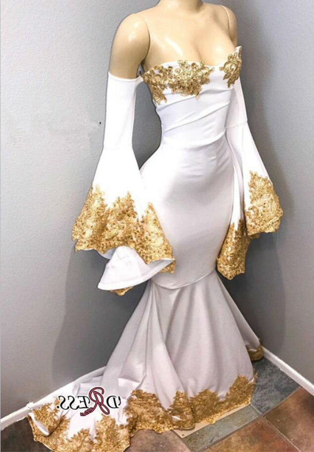 Vintage Prom Dresses White Satin Gold Lace Appliques Bell Sleeves Sweetheart Sweep Train Mermaid Evening Dress Party Wear Real Pictures