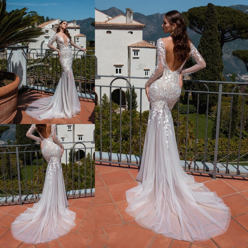 La Petra 2019 Mermaid Wedding Dresses Long Sleeves Deep V Neck Lace Appliqued Backless Bridal Gowns Country Sweep Train Wedding Dress