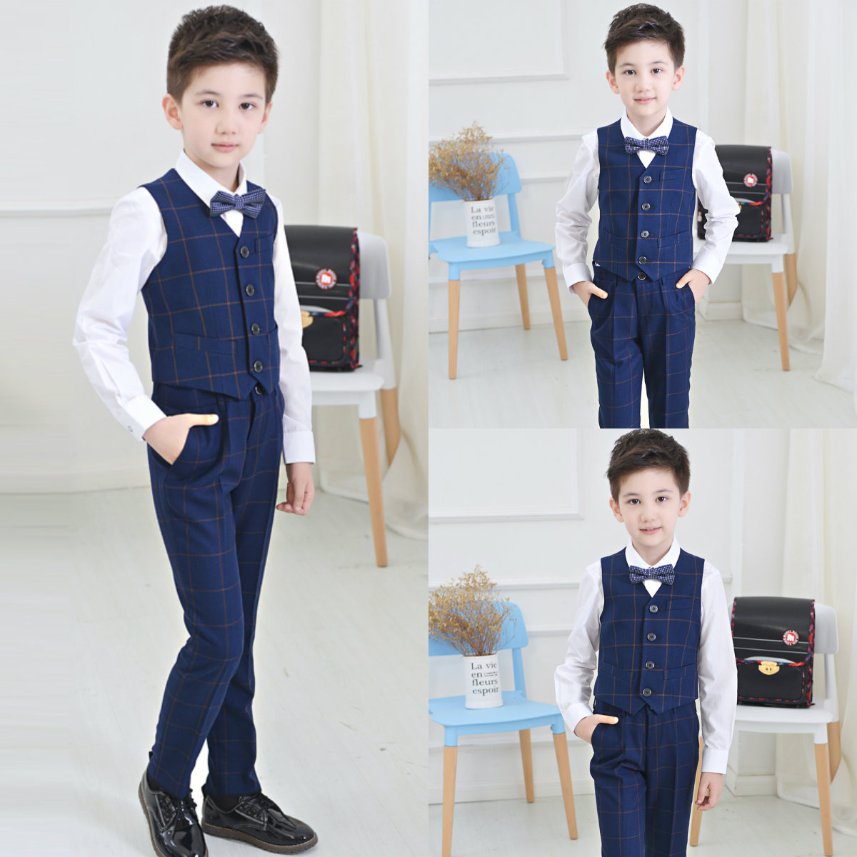 High Quality Two Pieces Boys Clothes Custom Made Damier Check Boys Formal Suits For Wedding Events(vest+pant)