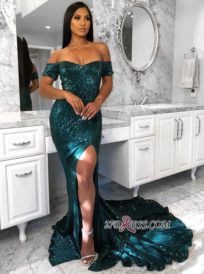 Sexy Mermaid Prom Dresses Off The Shoulder Side Split Sequined Sweep Train Short Sleeve Evening Gowns Women Abiti Formal Dress Party Wear