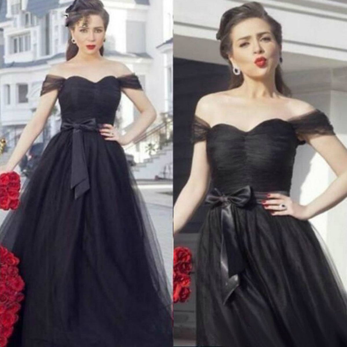 Elegant Black Off Shoulder Prom Dress With Waist Bow Sash Tulle Sweep Train Evening Dresses Formal Celebration Party Gowns